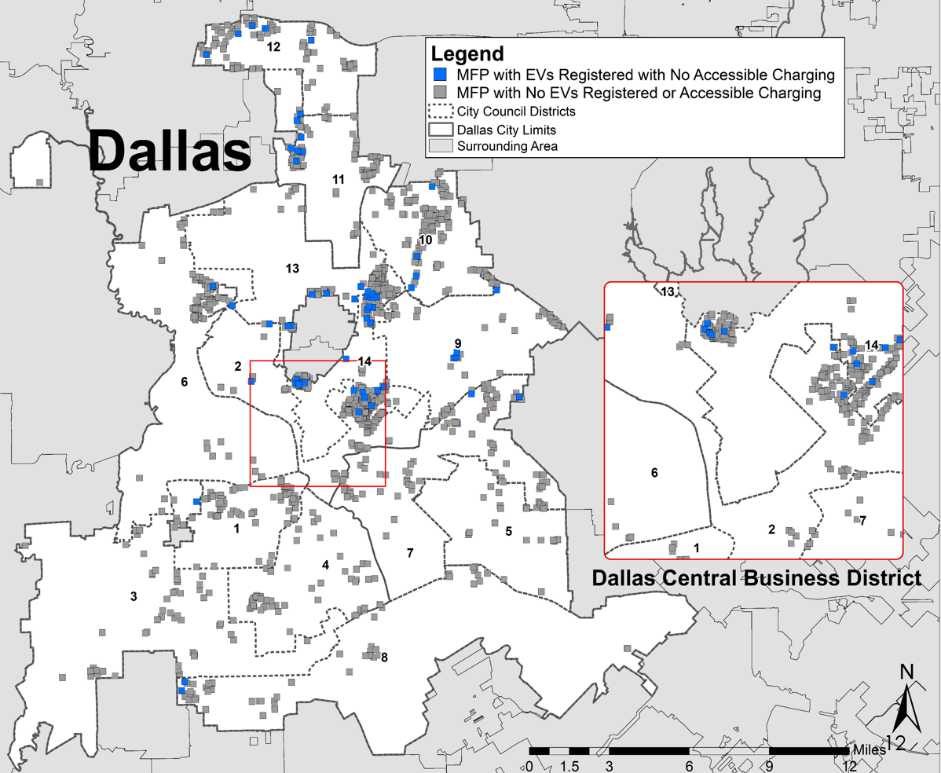 map showing Dallas EV ownership without charging within a half-mile of their residence