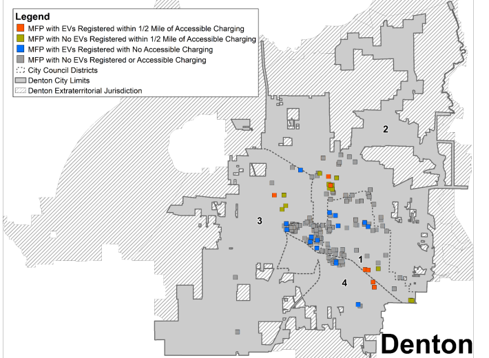 map showing multi-family properties in city of Denton with and without accessible charging stations or registered EVs